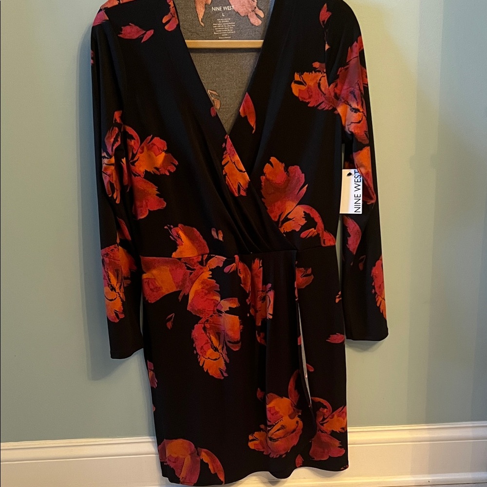 Nine West Black and Red Floral Long Sleeve Dress